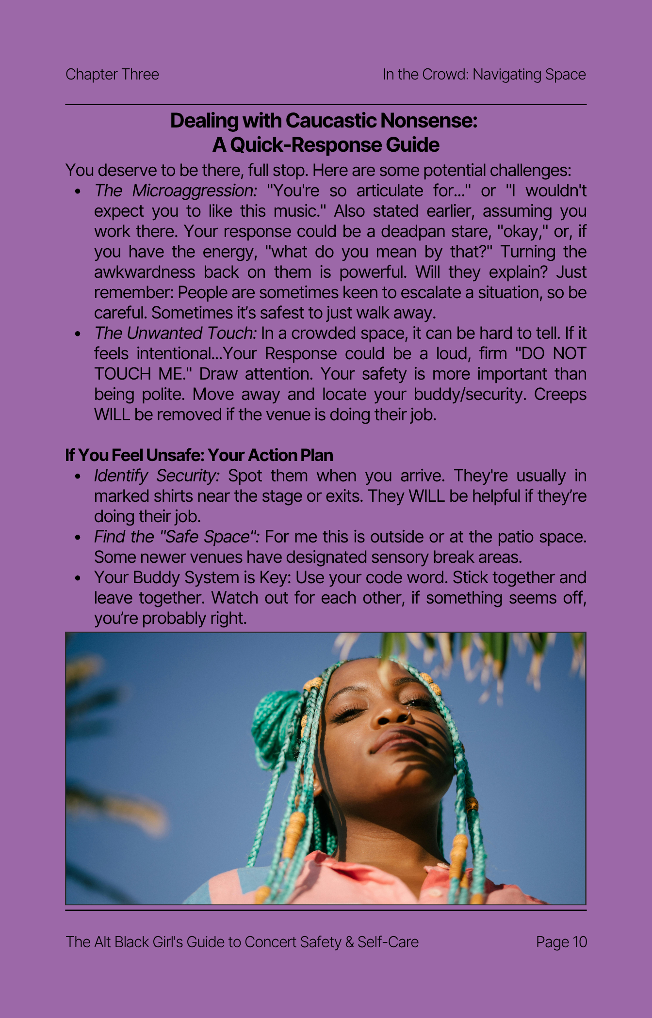 Guide to Concert Safety Page 10 Preview, with image of black woman with blue braids looing confident against a blue sky