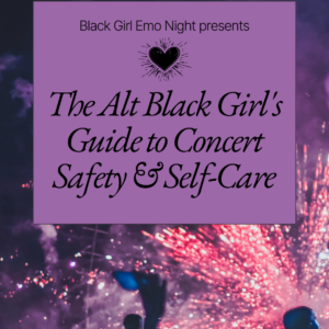 Purple Box with book title text, background image of live music crowd viewing fireworks